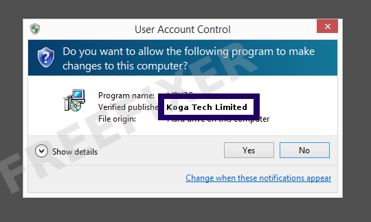 Screenshot where Koga Tech Limited appears as the verified publisher in the UAC dialog